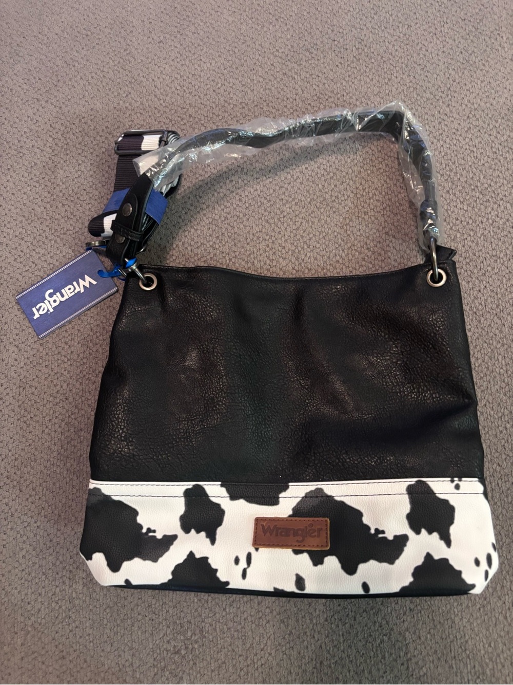Wrangler Black and White Cow-Print Shoulder Bag